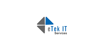 eTek IT Services logo with a gray and blue geometric design.