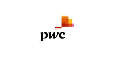 PwC logo featuring an abstract mosaic design in orange, yellow, and pink tones above the text "PwC.